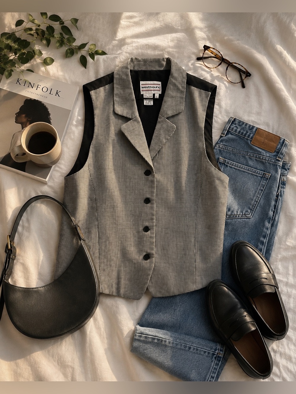 Westbound Gray Houndstooth Tailored Sleeveless Button Vest Size L